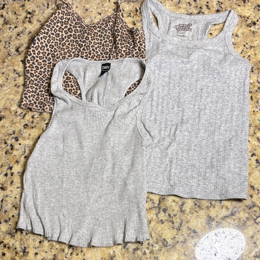 Lot Of Girls Tank Tops. Leopard Print Crop Top And 2 Gray Tank Top